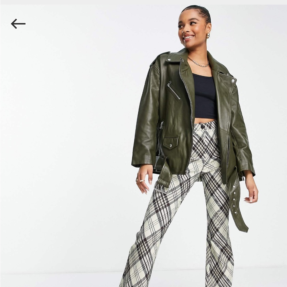 ASOS design petite leather jacket in khaki